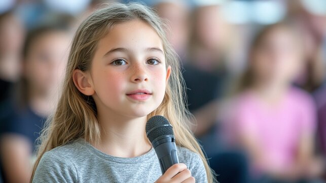 Young girl with long blonde hair confidently speaking into microphone, blurred audience in background. Capturing a moment of childhood bravery and public speaking.