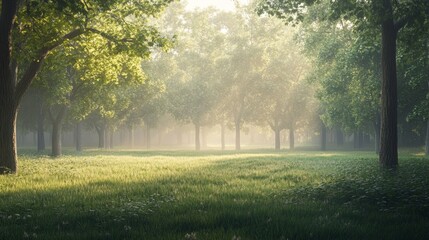 Fototapeta premium A peaceful forest clearing at sunrise, with soft light gently breaking through the mist