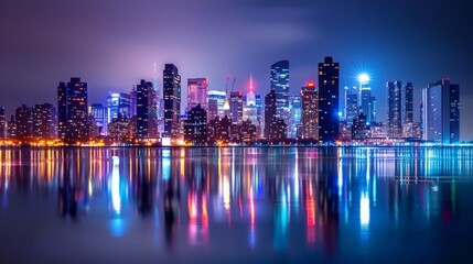 Obraz premium A city skyline at night with lights reflecting on the water with