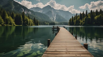 Peaceful Mountain Lake with Wooden Dock