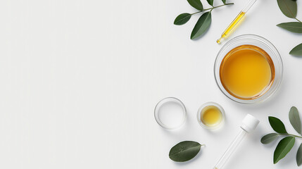 Essential oil extracted from plants. Science equipment and leaves isolated on white background.