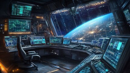 Fototapeta premium A high-tech control center inside a space station, where scientists analyze data from ongoing experiments and missions