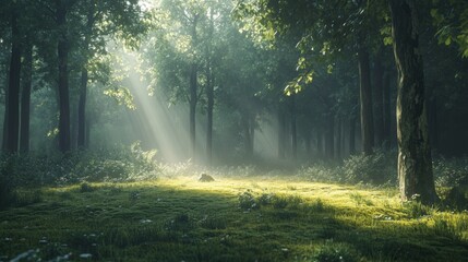 Fototapeta premium A serene morning in a misty forest, sunlight barely visible through the thick canopy