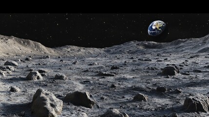 A lunar landscape with Earth visible in the background, capturing the beauty of the Moon surface against the vastness of space
