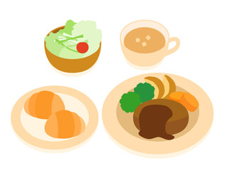 ハンバーグの定食やランチやディナーのイラスト　パン・サラダ・スープ付きバージョン