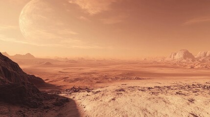 A panoramic view of Mars surface, with rocky plains stretching out toward the horizon beneath a pale pinkish sky