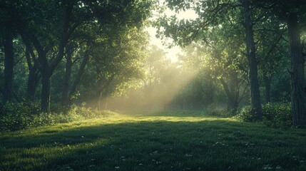 Obraz premium A tranquil forest clearing at sunrise, with diffused light gently filtering through the trees