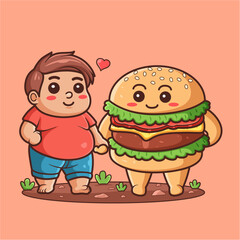 Cute illustration of a boy who really likes hamburgers, holding hands with a hamburger