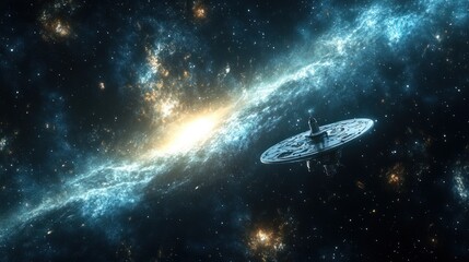 Fototapeta premium A serene scene of a probe floating in the emptiness of space, with distant galaxies and star clusters illuminating the background
