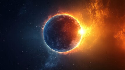 A solar eclipse with the Sun partially obscured by the Moon, casting a dramatic shadow over Earth