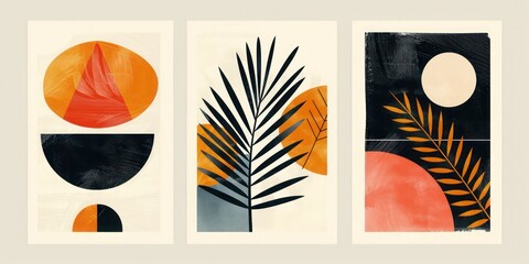 Geometric midcentury posters: modern palm leaf and geo elements for minimal prints, posters, boho wall decor in flat design style.
