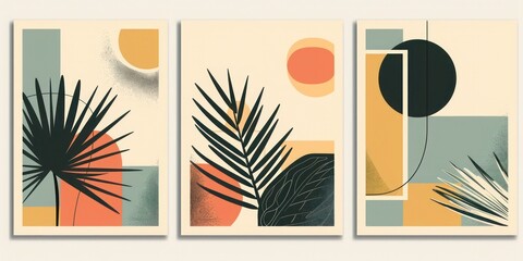 Modern midcentury geometric posters: featuring palm leaf, geo elements for minimal prints, posters, boho wall decor. Flat design with modern illustration.