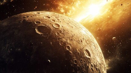 Naklejka premium A space view of Mercury rocky, cratered surface, with the Sun bright light casting harsh shadows on the planet