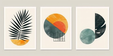 Midcentury geometric poster set: palm leaf and geo elements in modern illustration. Minimal prints, posters, boho wall decor with flat design aesthetics.