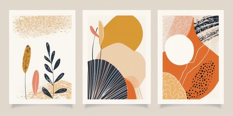 Abstract mid-century modern boho poster set: minimal shape compositions for postcards, covers, wallpaper, and home decor, ideal for modern and stylish wall art.