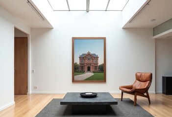 Fototapeta premium Contemporary Gallery Chic: Minimalist White Space, Wood Frames & Modern Furniture - High-Res Architectural Photography in Skylit Art Environment