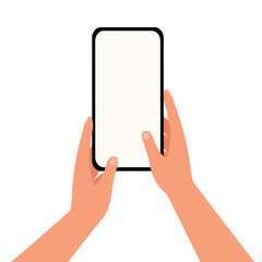 Hand holding mobile phone with empty screens, phone mock up and touching screen.