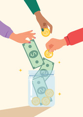 Hand holding money, giving money for donation. Person's hand into donation box, charity concept. Support and help people concept.