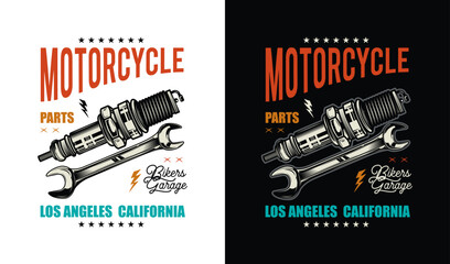 Retro poster. Spark plug and wrench. Original vector illustration in vintage style. T-shirt design.
