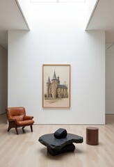 Modern Elegance Meets Art: Minimalist Gallery Space with Skylight, Wood-Framed Artwork & Contemporary Furniture - High-Resolution Interior Design Inspiration