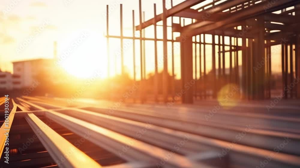 Poster steel girders are stacked neatly at a construction site, waiting to be used as the building is assem