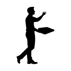 Silhouette of a pizza delivery man on a transparent background,  black outline, isolated, simple design, vector illustration, minimalistic, courier, fast food, carrying pizza, male figure, side view, 