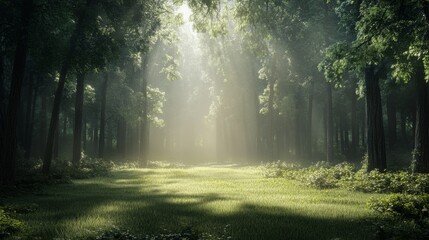 Naklejka premium Morning mist in a dense forest, with faint sunlight barely breaking through