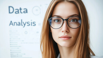 Young woman with glasses standing in front of data analysis charts, reflecting a focused and analytical environment.