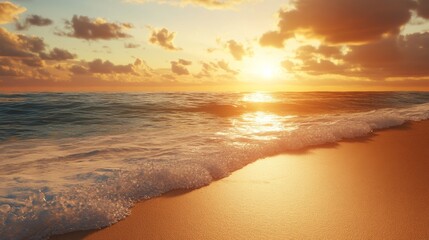 Sunset casting a golden glow on an empty beach, soft waves washing ashore