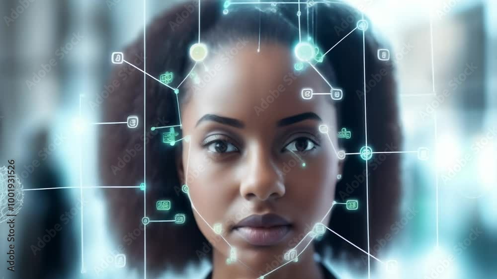 Poster businesswoman uses face recognition software for enhanced security in the digital age, showcasing in