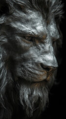 Close-up of a lion's face, showing its intense gaze.