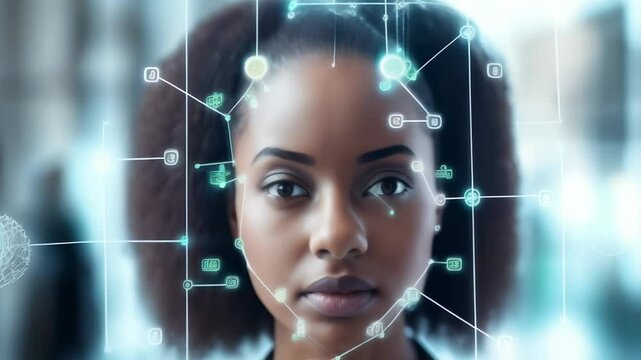 Businesswoman uses face recognition software for enhanced security in the digital age, showcasing innovative ai in modern business practices