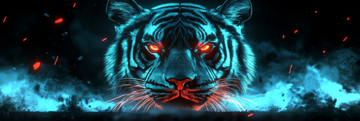 A fierce tiger with glowing eyes set against a fiery background.