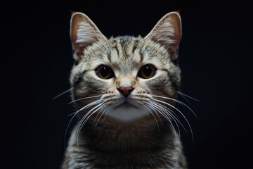 a cute cat on black dark room studio shot background