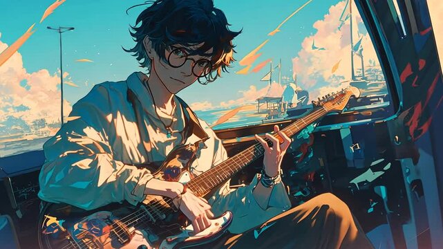 Young Musician Playing Guitar on a Sunny Day by the Coast Generative AI