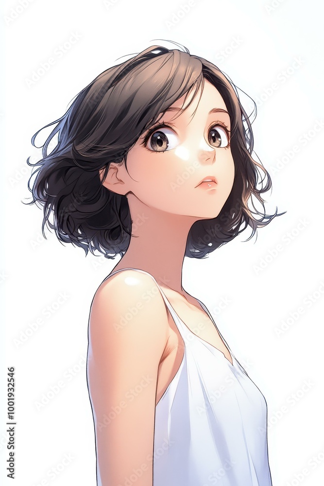 Poster A captivating gray female anime character in white, set amidst a vibrant nature scene with violet and bronze hues.