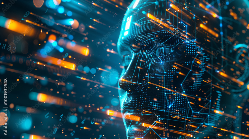 Poster cyber tech background featuring a metallic ai face emerging from a matrix of digital code, surrounde