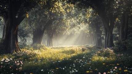 Fototapeta premium A dense, misty forest at dawn