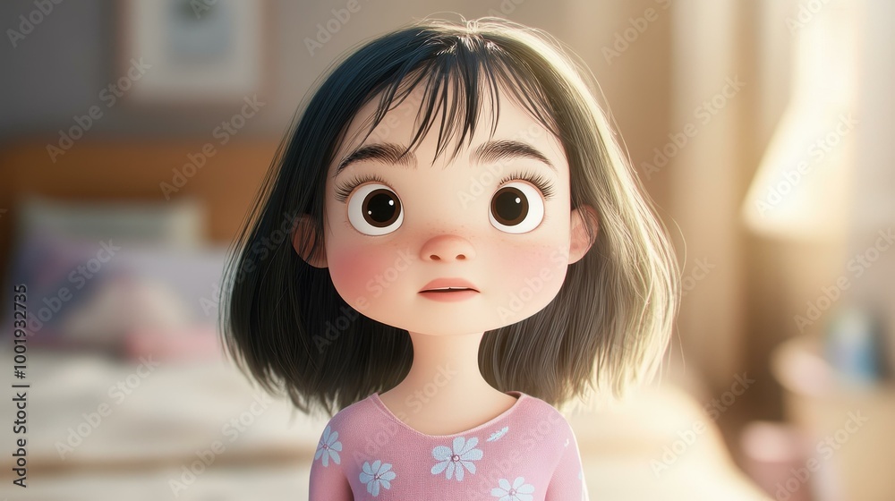 Poster a sweet little girl, age 23, dressed in pink, captured in a charming 2d animation style reminiscent 