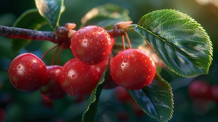 Obraz premium Close-up of Ripe Cherries with Dew Drops