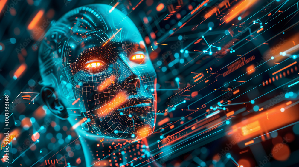 Poster cyber tech background featuring a metallic ai face emerging from a matrix of digital code, surrounde