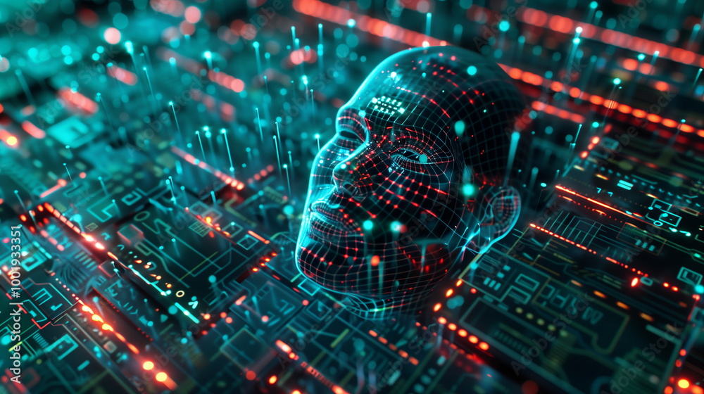 Poster cyber tech background featuring a metallic ai face emerging from a matrix of digital code, surrounde
