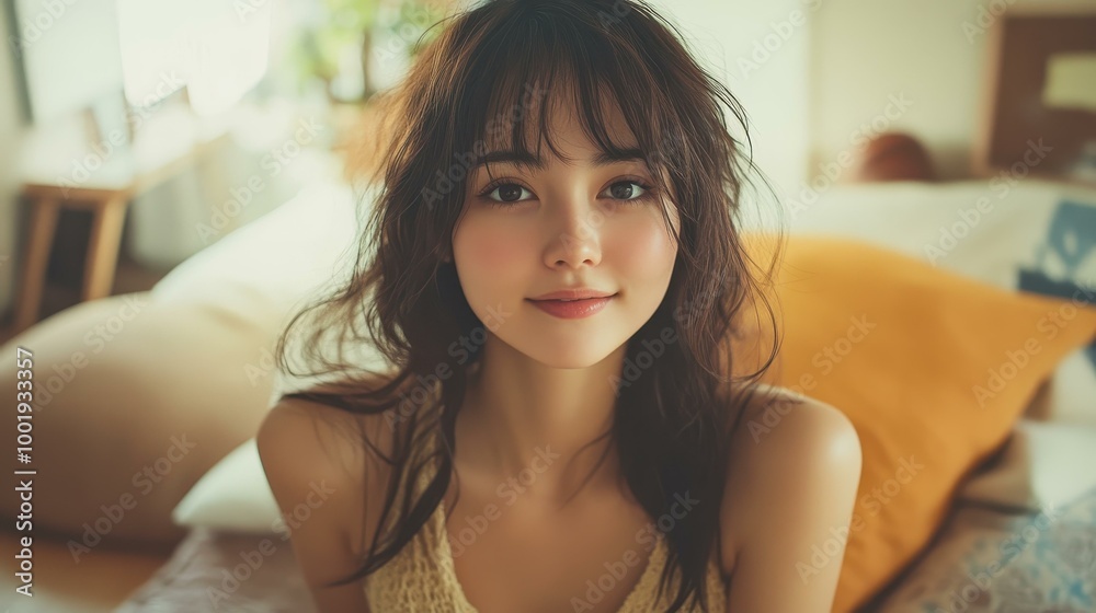 Poster A young woman captures a selfie indoors, exuding warmth in a soft yellow top and relaxed hairstyle amid cozy decor.