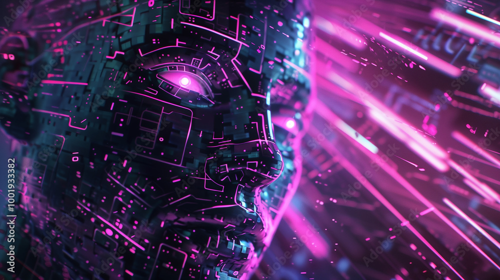 Poster cyber tech background featuring a metallic ai face emerging from a matrix of digital code, surrounde