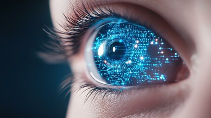 A futuristic illustration of an eye scanning a sleek digital interface, set against a clean, minimal background.