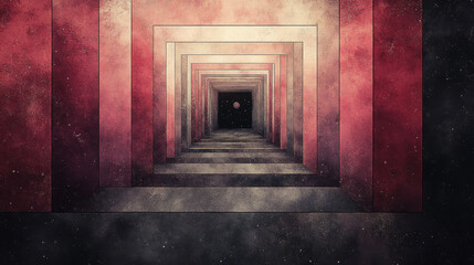 Fototapeta premium Abstract geometric design of a tunnel leading to a dark space with a small light source in the distance.