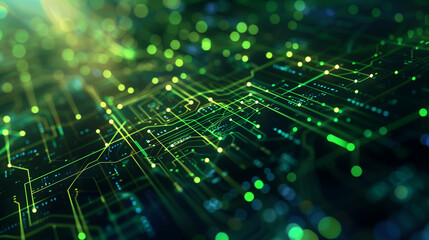 Futuristic cyber tech background with floating holographic data interfaces, transparent digital layers, and AI-driven circuit patterns glowing in neon green.
