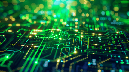 Fototapeta premium Futuristic cyber tech background with floating holographic data interfaces, transparent digital layers, and AI-driven circuit patterns glowing in neon green.