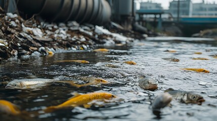 A polluted waterway with floating fish and debris, highlighting environmental degradation and the impact of waste on aquatic life.