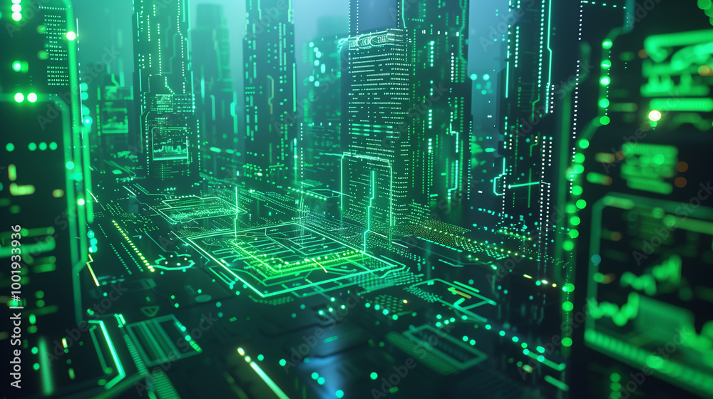 Poster futuristic cyber tech background with floating holographic data interfaces, transparent digital laye